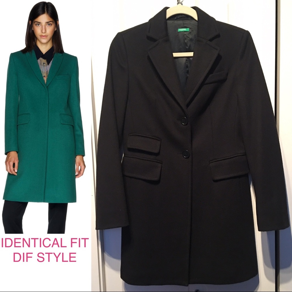 Benetton Black Wool Car/Button-Up/Pea/Reefer Coat